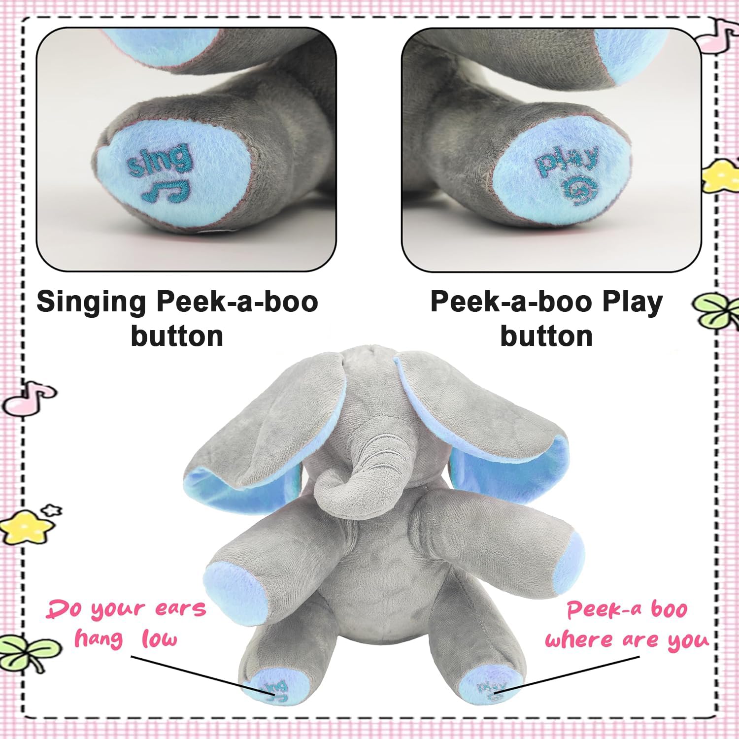 Peek-a-Boo Musical Elephant Plush Toy with Flappy Ears for Babies & Kids - Image 7