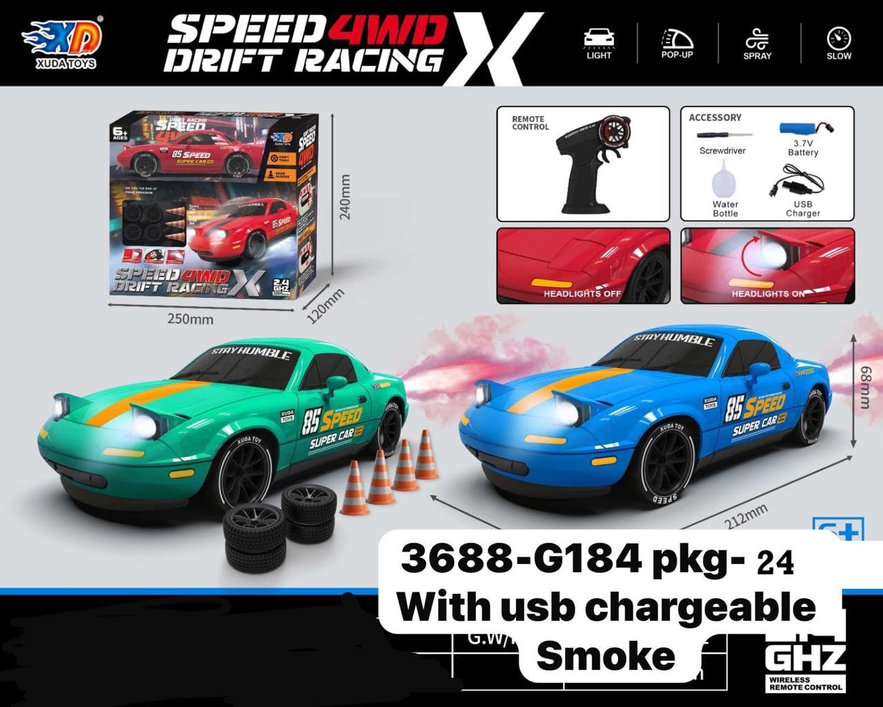 1:24 Scale 4WD RC Drift Car with Smoke Effect & LED Lights (Blue) - Image 9